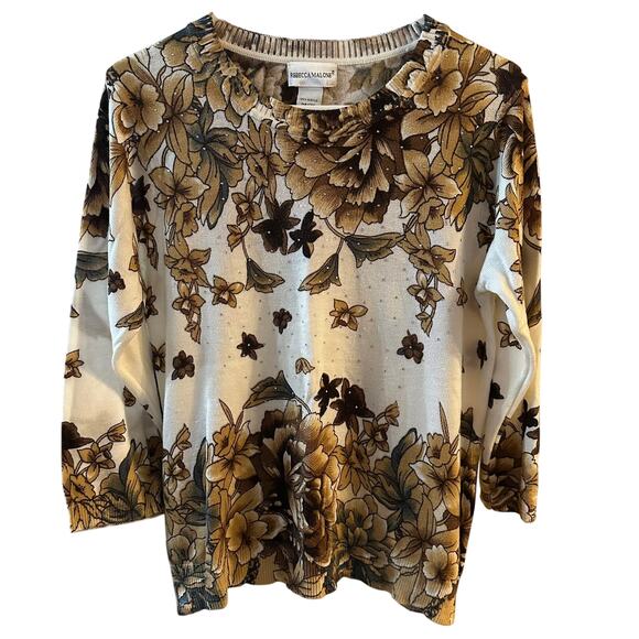 Rebecca Malone Sweaters - Rebecca Malone Women's Knit Sweater Top Cream Autumn Floral Rhinestones Large